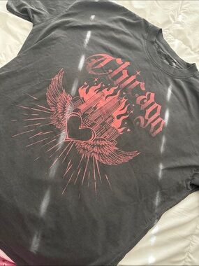 Oversized 100% cotton distressed color Chicago Graphic Tee Winged Heart Design